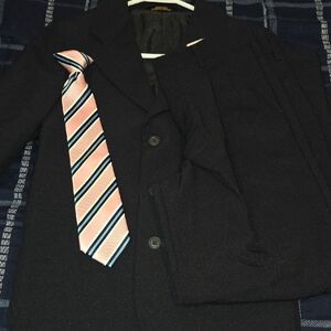 Boys 12S Black Suit with Pink Striped Tie